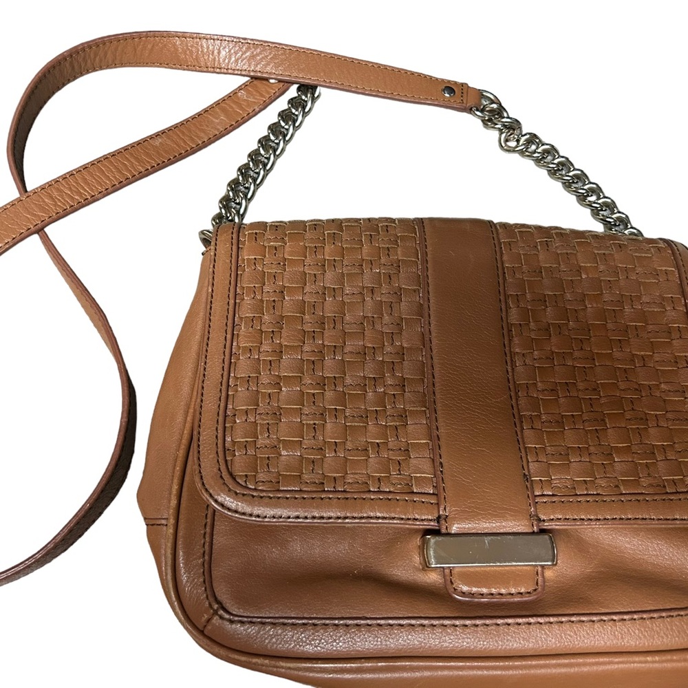 TAN woven flap leather Banana Republic crossbody purse great neutral classic